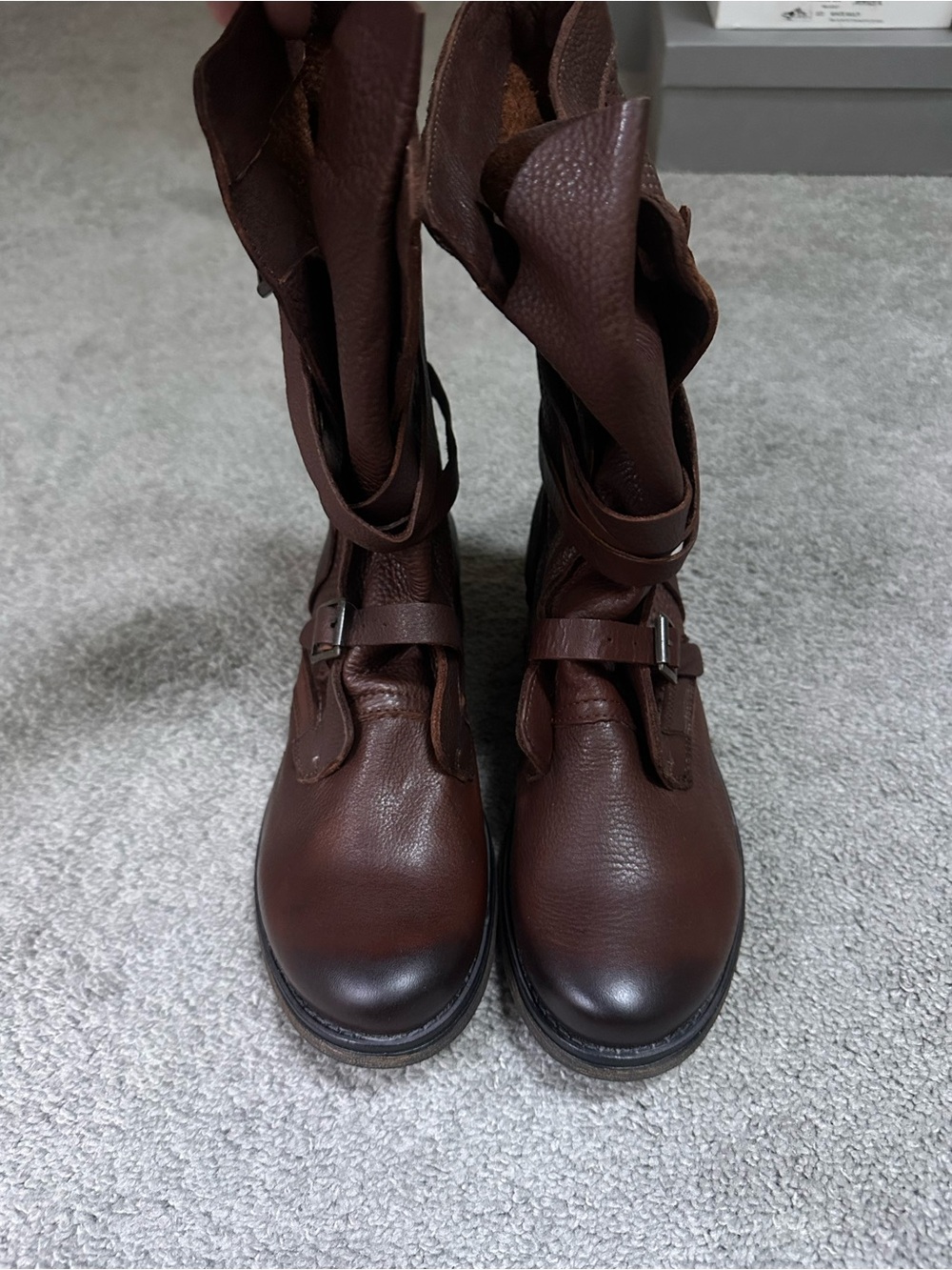 Steve Madden Boston Dark Brown Leather Combat Boots with Buckle Strap